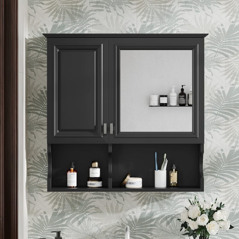 2-in-1 Bathroom Storage Wall Cabinet with Mirror and Adjustable Shelf - Black