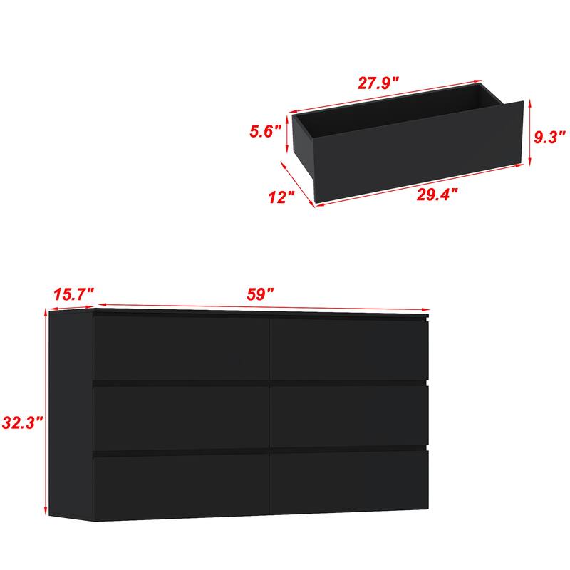 Black 6-Drawer Dresser for Bedroom, Modern Wide Chest of Drawers with Anti-Tip Safety, Large Storage Organizer Cabinet