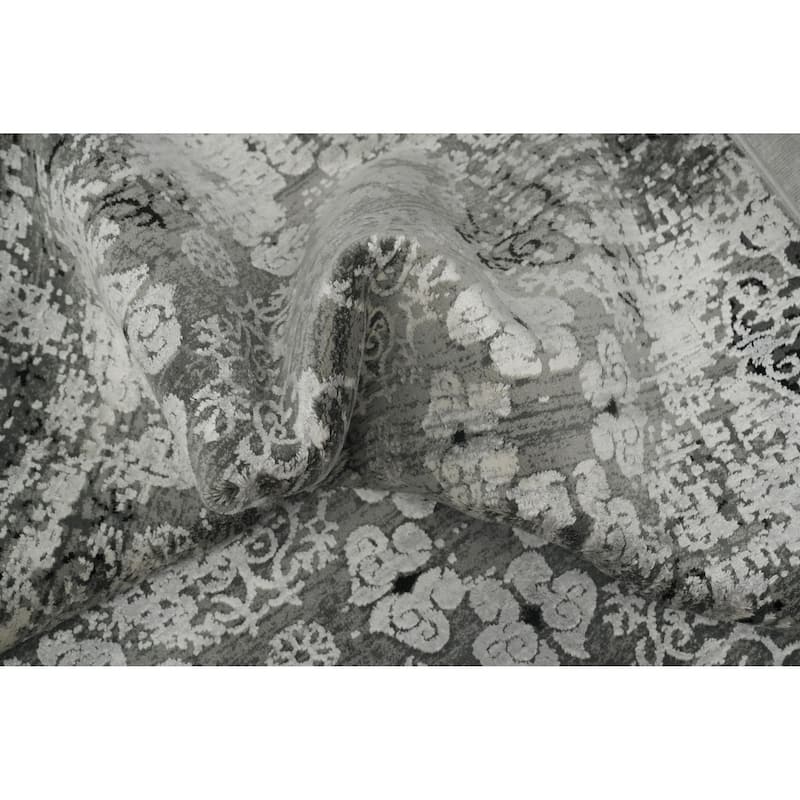 Machine Made Oriental Polyester Carpet Geometric Greys & Charcoal Distressed Area Rug - 7' 5'' X 5' 2''