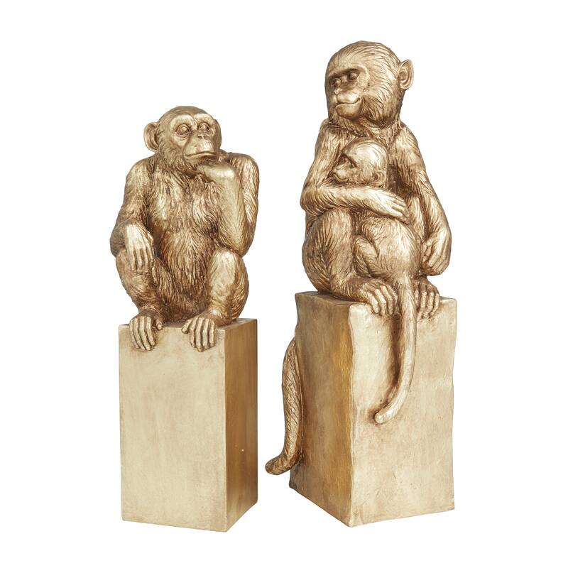 Gold Resin Monkey Decorative Sculpture (Set of 2) - 7 x 6 x 18 and 5 x 6 x 13