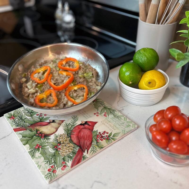 Holiday Cardinal Decorative Heat Tolerant Stone Trivet with Non-Skid Cork Backing 8” Square Artistic, Durable, Wipes Clean