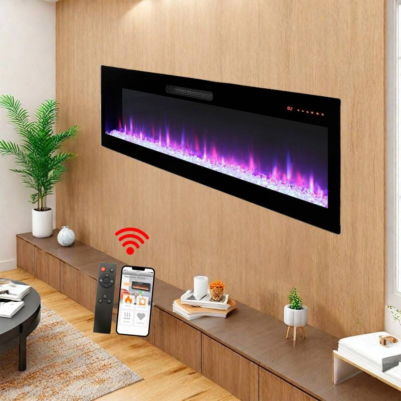 50/60 in. Smart WiFi-Enabled Wall Mount & Recessed Electric Fireplace Heaters in Black, 1400W/5000BTU