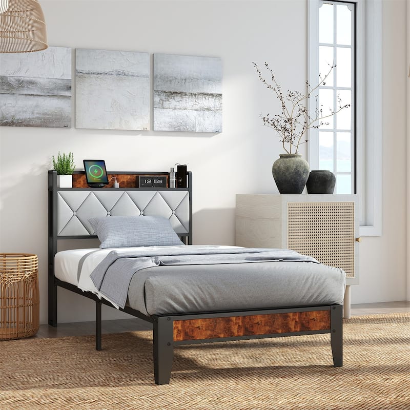 King Size Bed Frame with Charging Station and Storage Shelf, Metal Platform Bed with Headboard, No Box Spring Needed - Brown - Twin