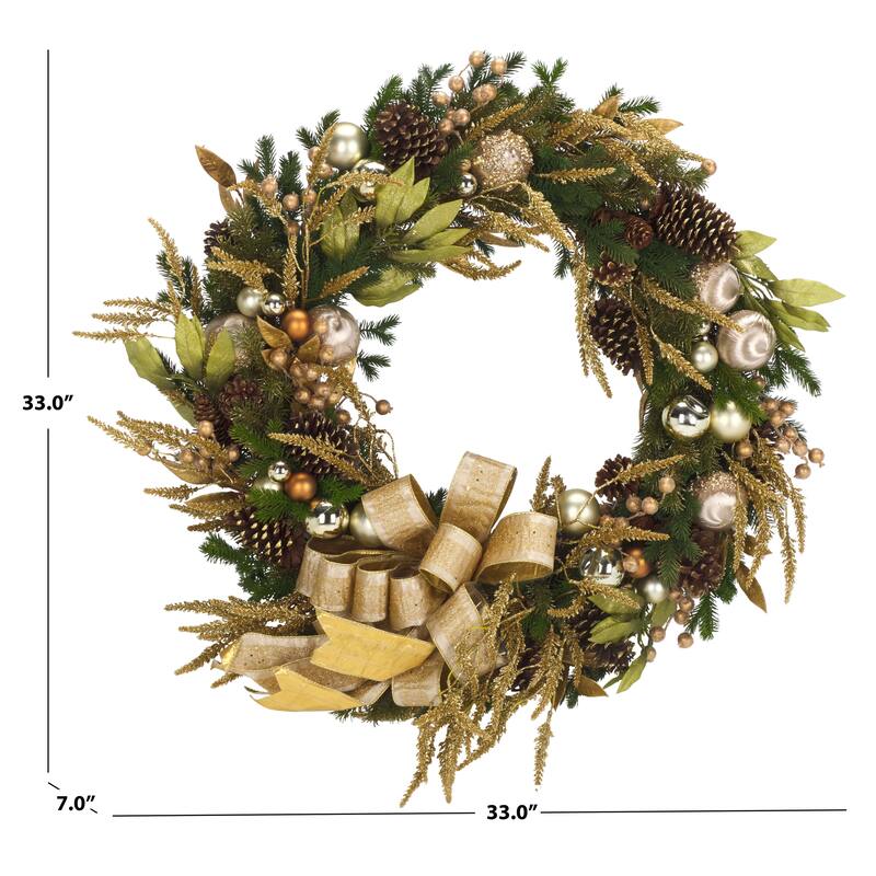SAFAVIEH Home Luxe 34-inch Gilded Pine Wreath With Ornaments Ribbon & Pine Cones
