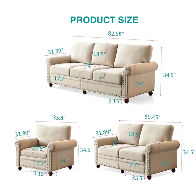 Fabric Upholstered Single Sofa, Accent Chair with Rolled Arms & Nailhead Trim, Lounge Reading Chair with Solid Wood Legs