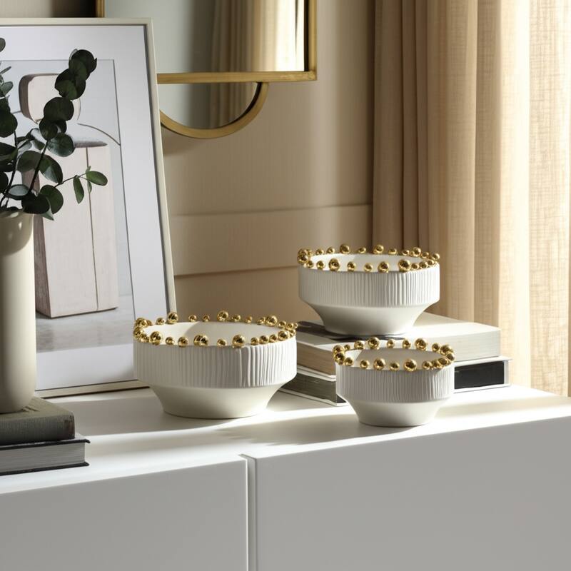Ceramic Bowls Beaded Edge Elegant Craft Accent (Set of 3) - 4/5" White - 10" x 10" x 5" - White - 10" x 10" x 5"