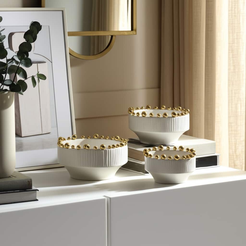 Ceramic Bowls Beaded Edge Elegant Craft Accent (Set of 3) - 4/5" White - 10" x 10" x 5"