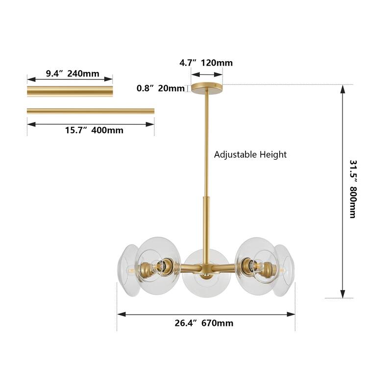 Mid-Century Chandelier, 5-Light Gold Chandelier with Clear Glass Shades, for Dining Room, Kitchen Island and Living Room