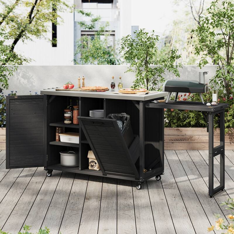 78.3" Outdoor Kitchen Island with Foldable Grill Table, Trash Can Storage & Stainless Steel Top