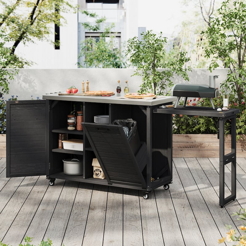 78.3" Outdoor Kitchen Island with Foldable Grill Table, Wooden Cart with Trash Storage & Stainless Steel Top for Lawn & Garden