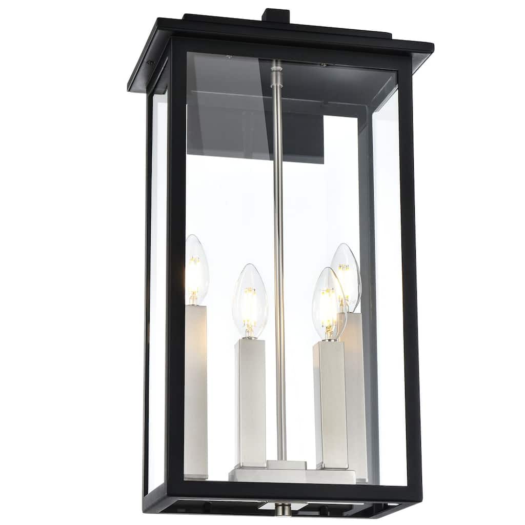 Outdoor Wall Sconce, Exterior Porch Light Wall Mount Lantern, Black and Brushed Nickel Finish with Clear Glass for House