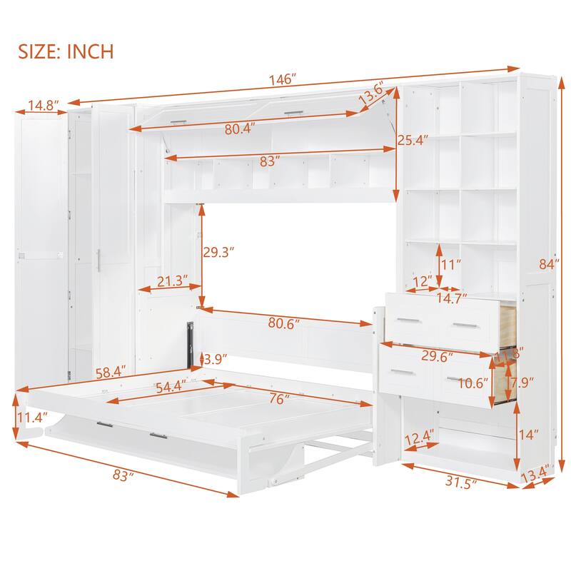 Full Size Murphy Bed with Built-In Wardrobe and Storage Drawers - Space-Saving Foldable Cabinet Design