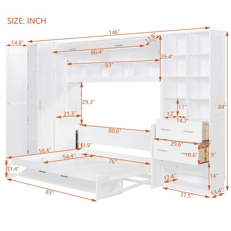 Full Size Wall Bed with Closet, Drawers, and Shelves in White