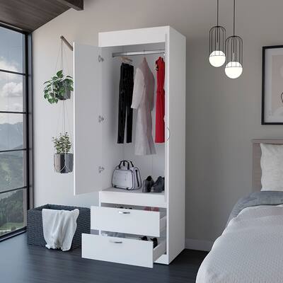 Rectangle 2-Door Armoire Cabinet with Drawers and Hanging Rod & Shelve