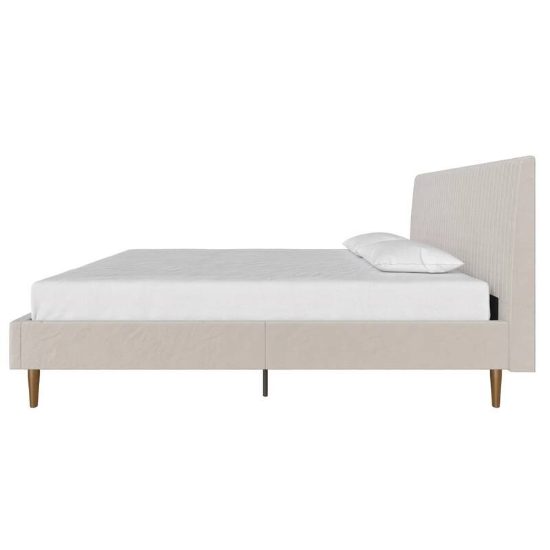 Off-White Ivory Cream Upholstered Platform Bed Frame with Headboard