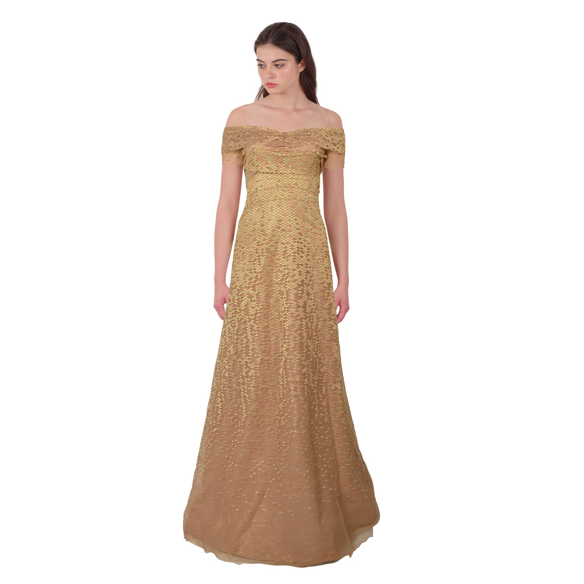 Shop Rene Ruiz Shimmering Lace Jacquard Short Sleeve Off Shoulder
