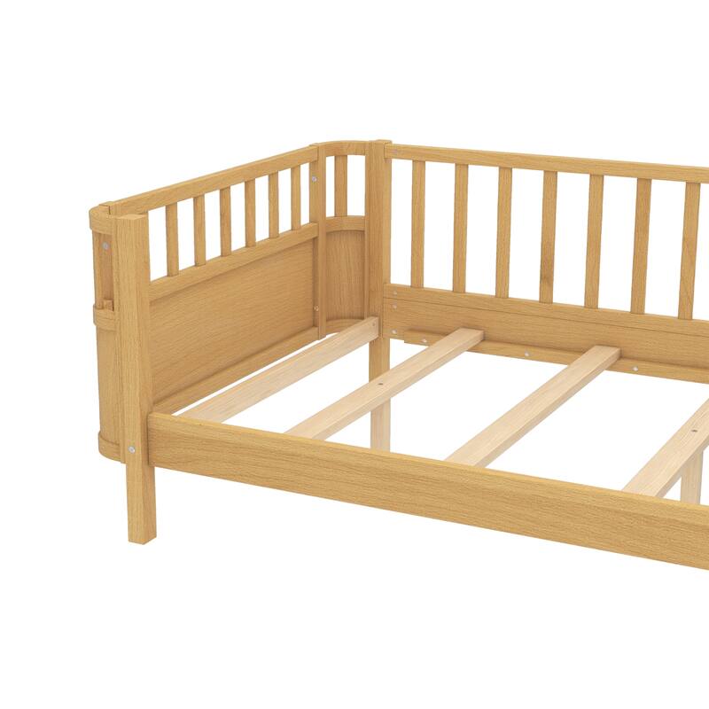 Multi Size Low Platform Bed for Kids with Rounded Corners Guardrails, Detachable Right-side Fence and Open Left-side Design