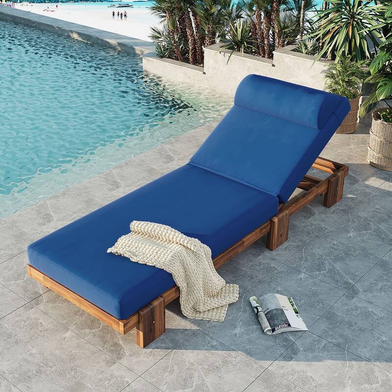 78.8'' Acacia Wood Outdoor Chaise Lounge Adjustable Recliner with Headrest & Retractable Side Tray - N/A