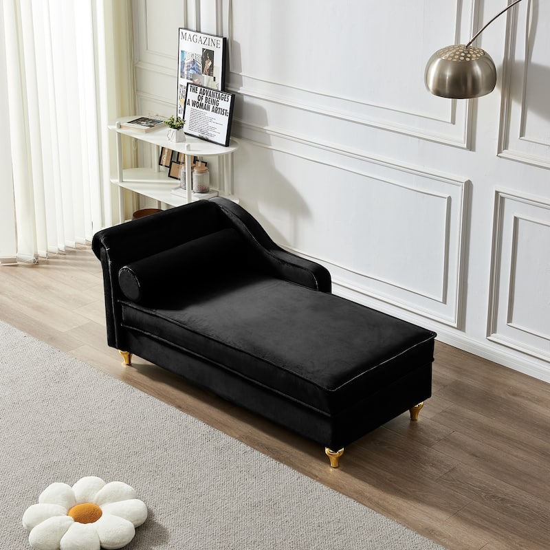 Roomfitters Modern Chaise Lounge, Indoor Daybed with Gold Metal Legs & Bolster Pillow for Bedroom Living Room, Black