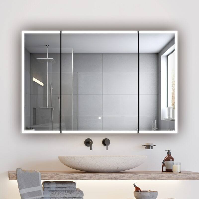 AQUADOM Edge Royale 48W Bathroom Led Lighted Medicine Cabinet Defogger, 3X LED Adjustable Magnifying Mirror, Electrical Outlets