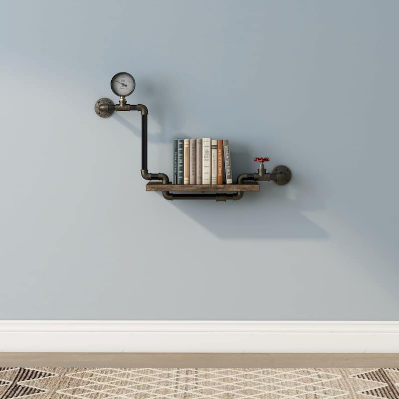 DH BASIC Industrial Reclaimed Oak 32-Inch Metal 1-Tier Wall Shelf by Denhour