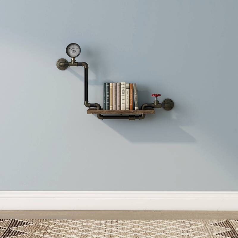 DH BASIC Industrial Reclaimed Oak 32-Inch Metal 1-Tier Wall Shelf by Denhour