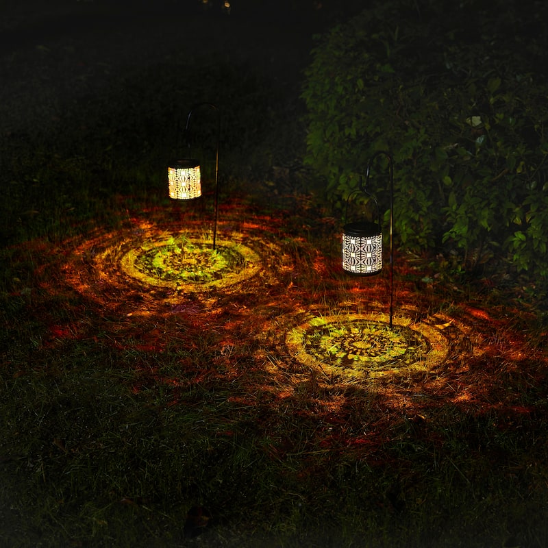 Glitzhome Set of 2 Metal Cutout Laser Outdoor Solar Lantern with Hanging LED Light Garden Stakes