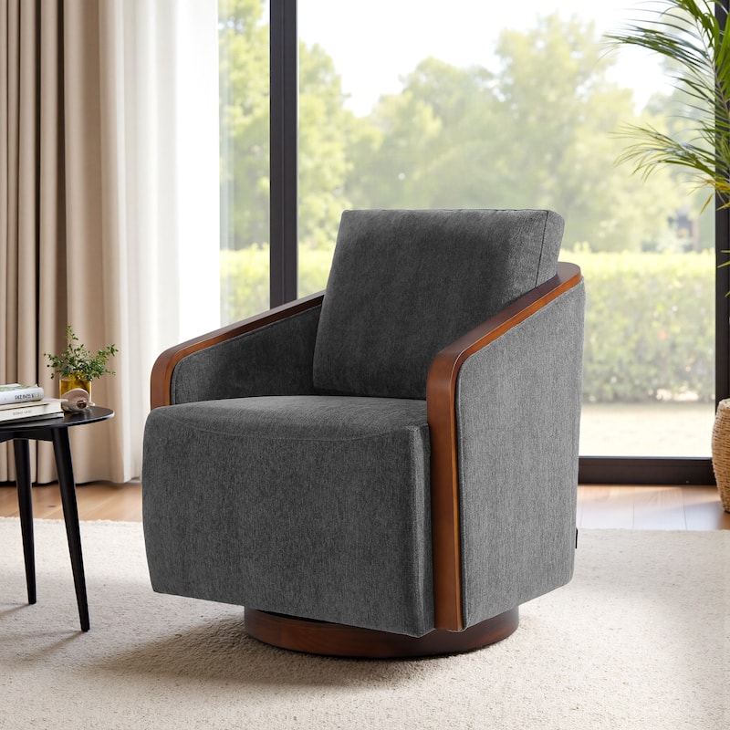 Upholstered Swivel Barrel Chair with Curved Wood Arms - DARK GREY