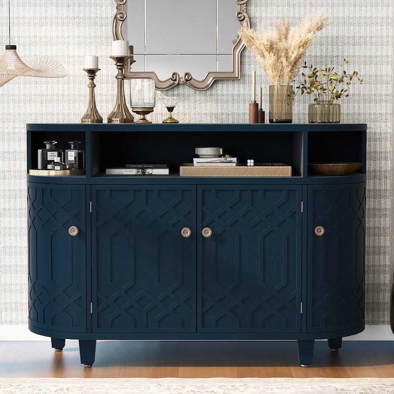 4 Door Curved Entryway Cabinets with Adjustable Shelves & fir Wood Legs, Display Case with Open Storage Rack & Metal Handle - Navy Blue