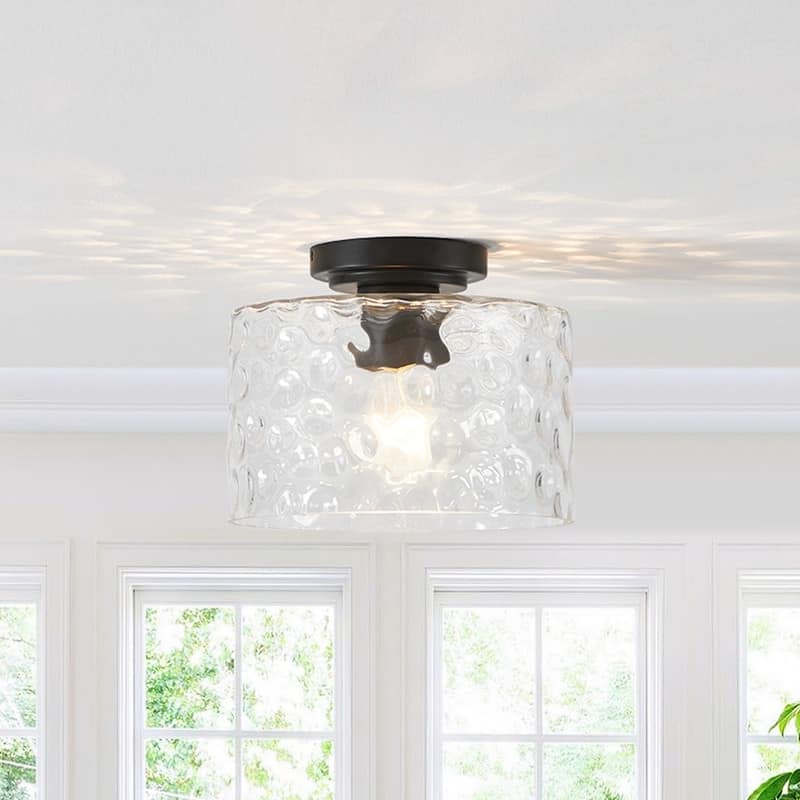 KAWOTI 1-Light Flush Mount with Hammered Glass Shade - W9.8" x H7.8" x D9.8" - W9.8" x H7.8" x D9.8"