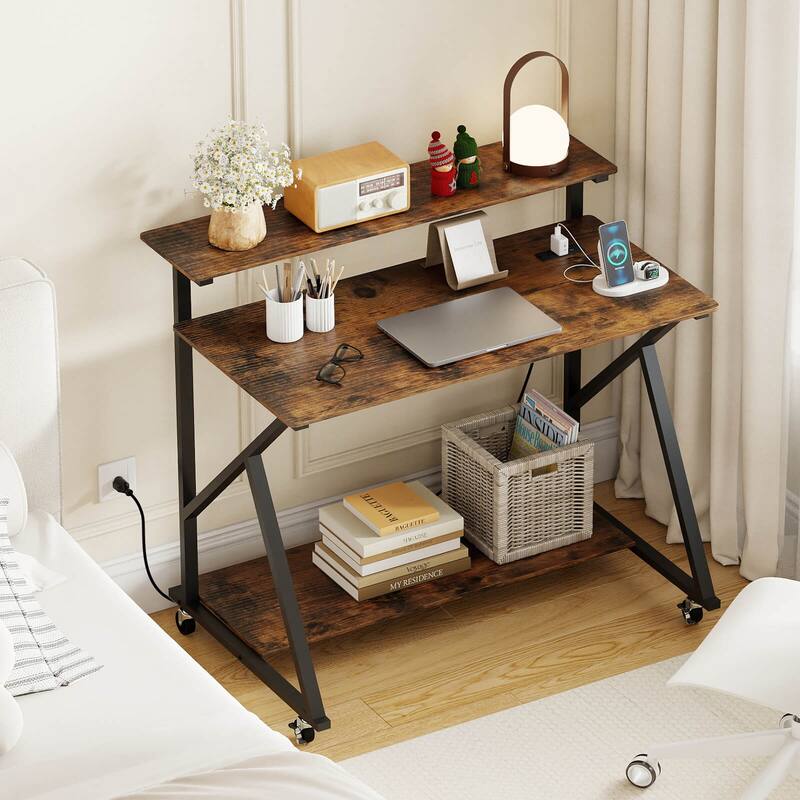 Costway Rolling Computer Desk with Charging Station Monitor Stand