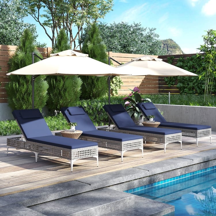 Mixed Grey Rattan Chaise Lounge Chair with Navy Blue Cushion, Adjustable Backrest - 76.5" x 21.5" x 12.5"