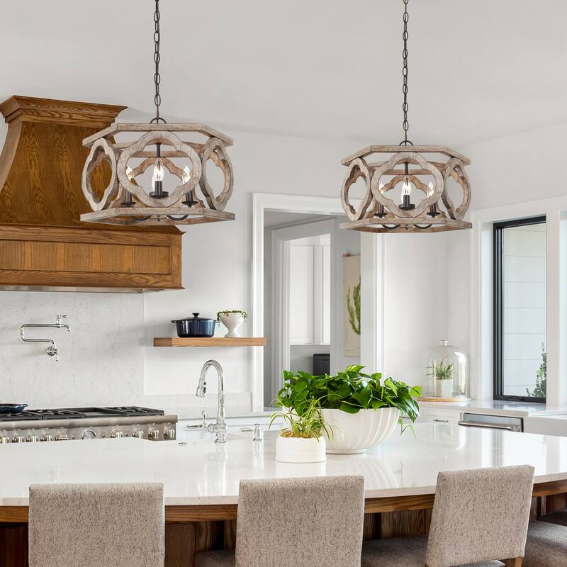 Clovy Modern Farmhouse 4-Light Wood Drum Lantern Chandelier for Dining Room - D 18" x H 12.5"