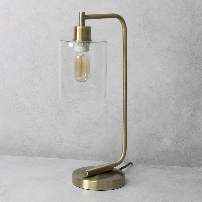 Iron Lantern Desk Lamp with Glass Shade Antique Brass