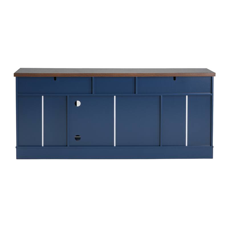 Modern Blue TV Console, 67" Width TV Stand, Glass Doors & Storage Drawers, Adjustable Shelves