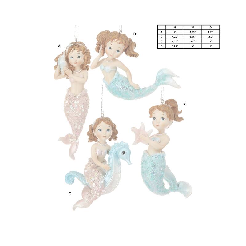 5" Resin Mermaid Ornament Set of 4