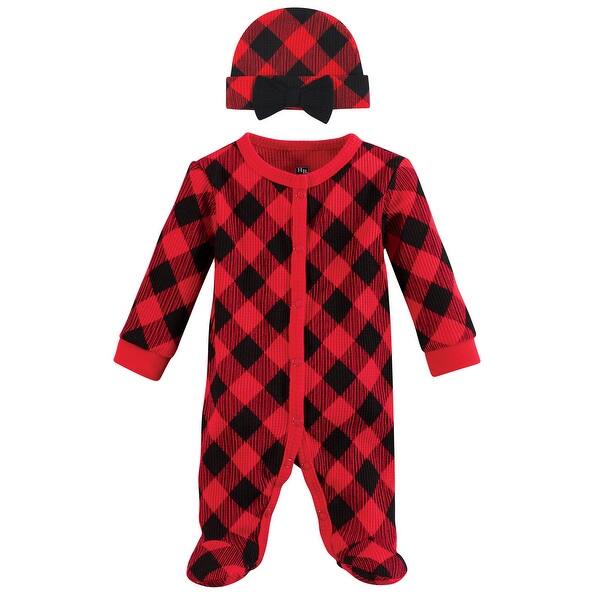 slide 1 of 1, Hudson Baby Girls Thermal Preemie Sleep and Play and Cap, Girl Buffalo Plaid, Preemie - Girl Buffalo Plaid Preemie - Girl Buffalo Plaid
