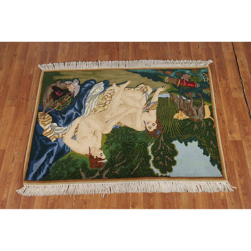 Hand Knotted Oriental 100% Wool Carpet Traditional Pictorial Multi-Colored Tabriz Area Rug - 4' 3'' X 3' 2''