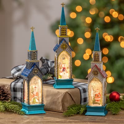 8.74 Inches Battery Operated Lighted Holiday Water Globe Churches Set of 3