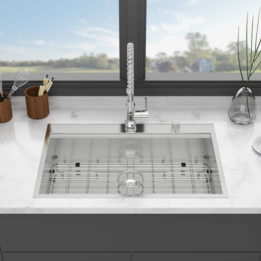 33'' Drop-In 16 Gauge Single Bowl Stainless Steel Kitchen Sink in Brushed Nickel - 33'' x 22'' x 9''