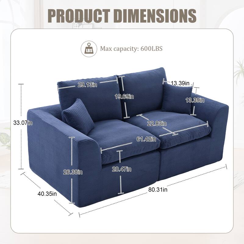 HOMEFUN Corduroy Upholstered Modular 2 Seater Cushion Covers Removable Loveseats Sofa for Living Room Bedroom