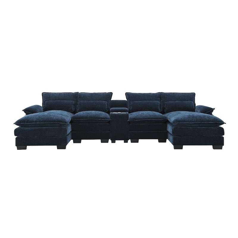 123"W modern u-shaped living room upholstered sofa with console, cup holders and USB ports