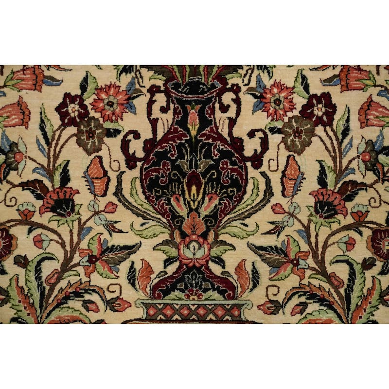 Hand Knotted Oriental 100% Silk Carpet Traditional Floral Beige & Ivories Qum Area Rug - 5' 3'' X 3' 6''