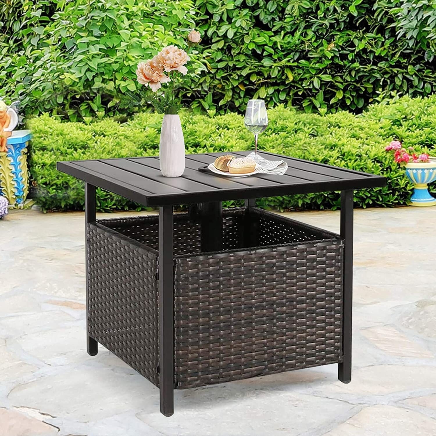 Outdoor Wicker Umbrella Side Table Patio Rattan Stand Table with Umbrella Hole Bed Bath Beyond 39650982
