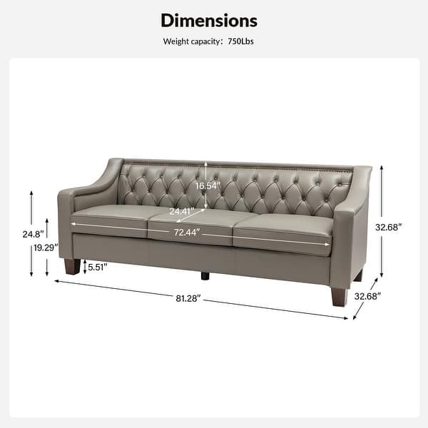 dimension image slide 4 of 8, Mateo 82.28" Wide Transitional Genuine Leather Sofa with Nailhead Trim and Button-Tufted Back