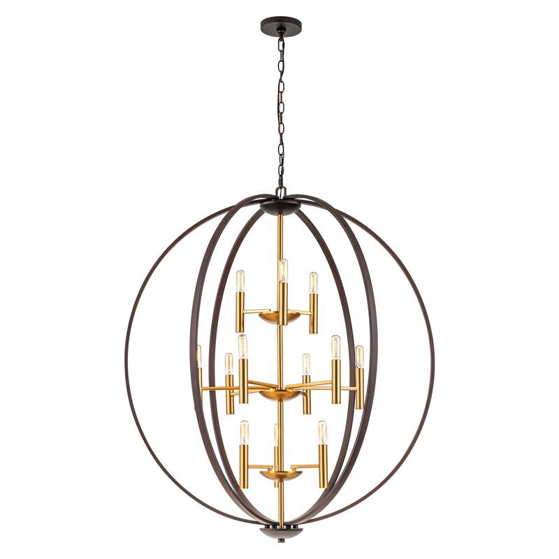 12-Light Brown Aged Brass Mid-Century Modern 3-Tiered Oversized Chandelier with Candle Style - 35.4 in. W x 41.3 in. H