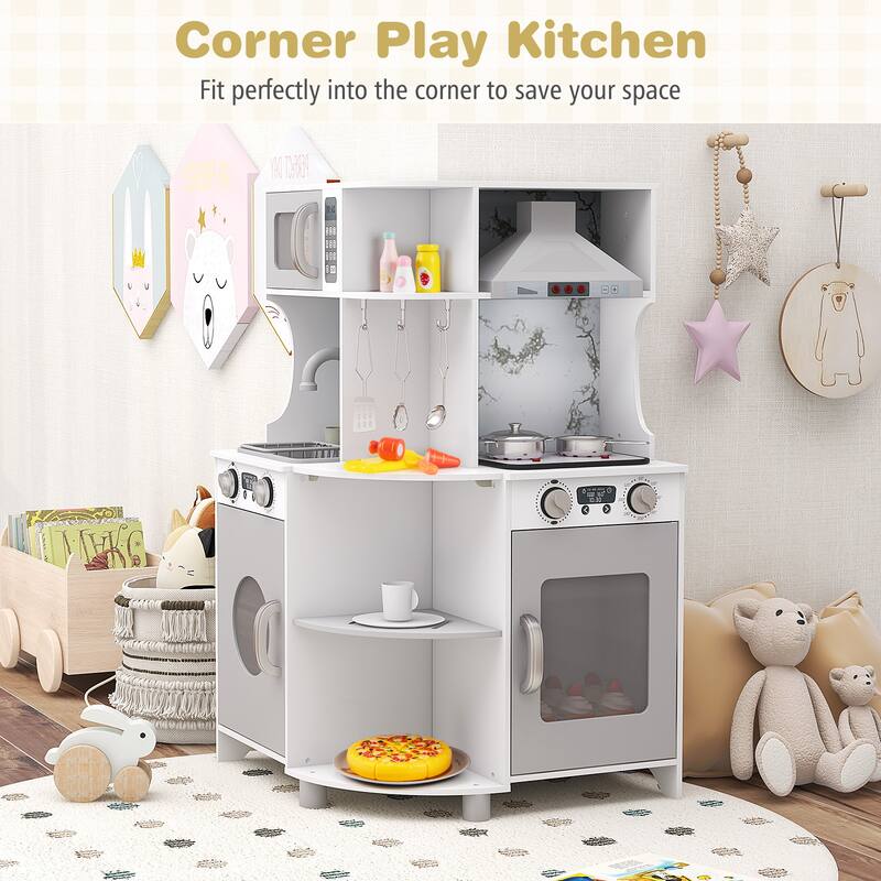 Gymax Corner Wooden Play Kitchen Kids Kitchen Playset w/ Microwave