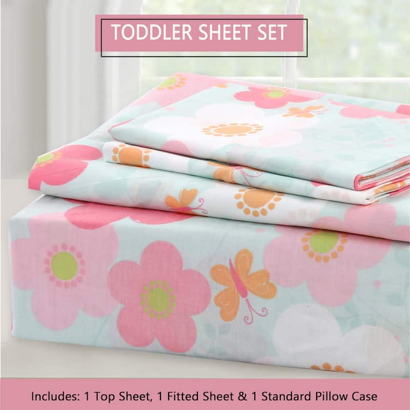3-Piece Cotton Toddler Sheet Set for Kids Boys & Girls (Animals, Fish, Sports, Floral)