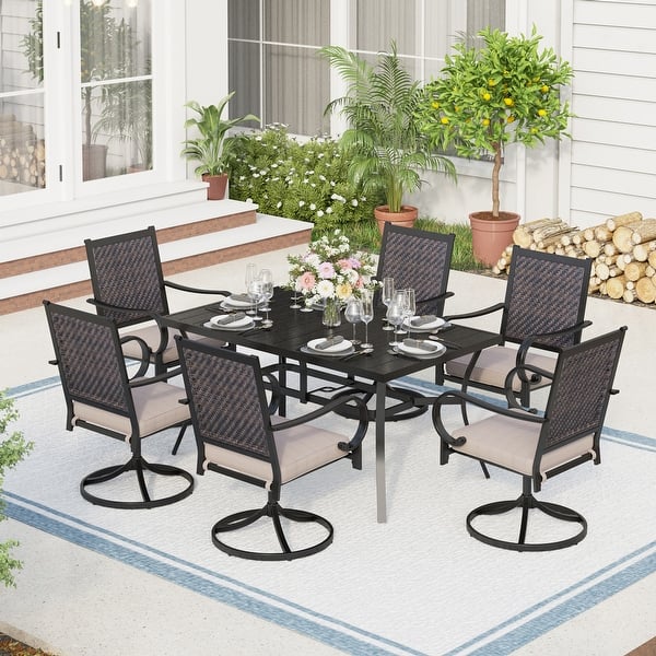 slide 1 of 40, 5/7-piece Patio Dining Set, 4/6 Rattan Swivel Chairs with Cushion and 1 Metal Table with Umbrella Hole 7-PieceSets - 7-Piece Sets