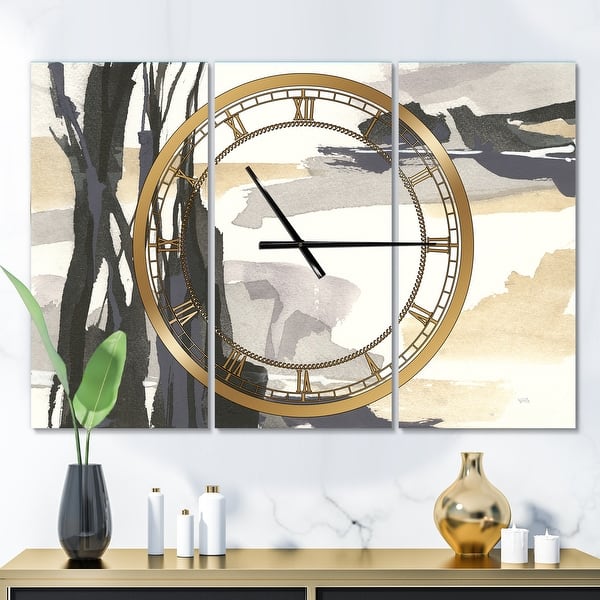 slide 2 of 6, Designart 'Glam Dancing shape II' Glam 3 Panels Large Wall CLock - 36 in. wide x 28 in. high - 3 panels